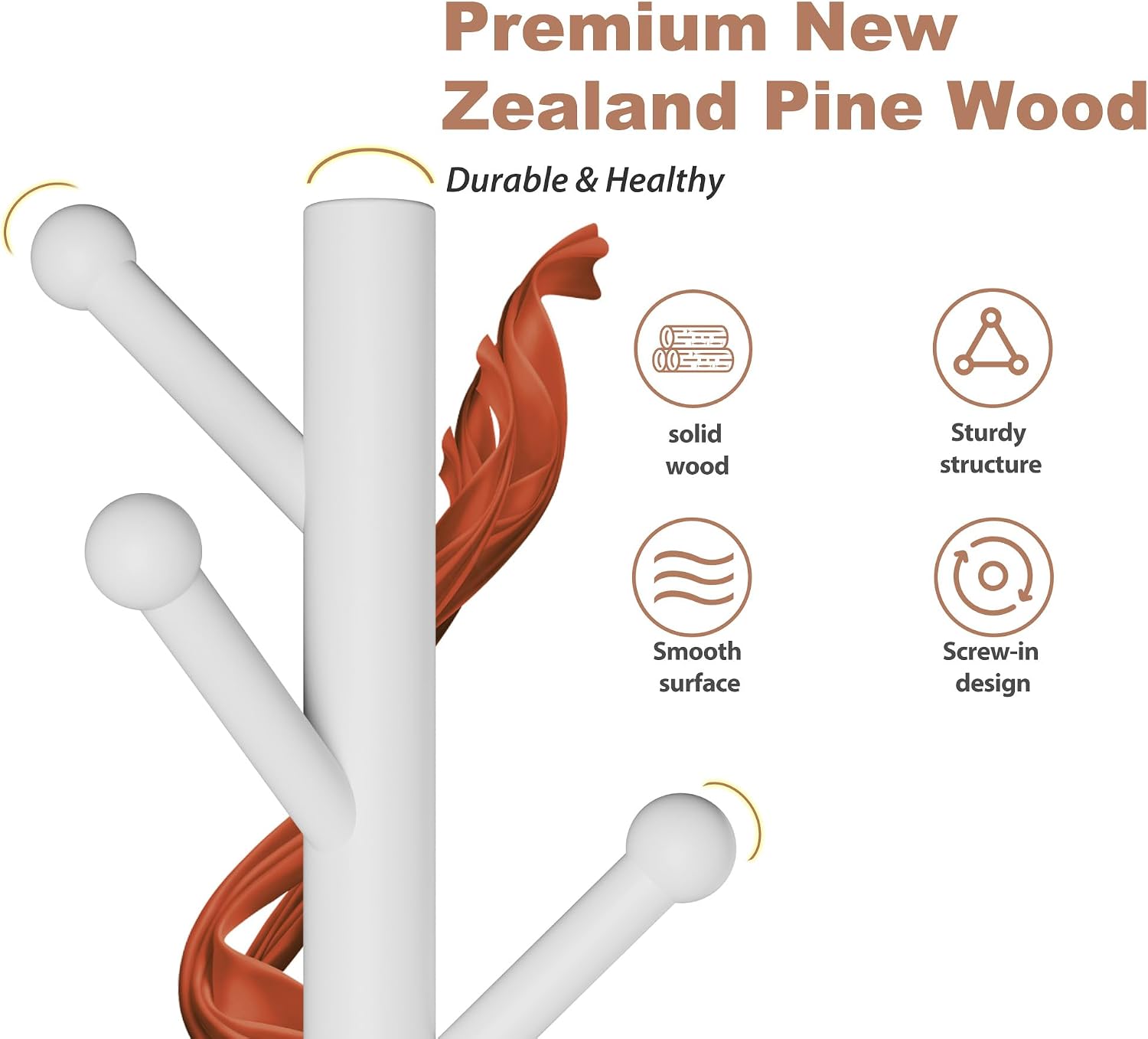 8-Hook Freestanding Coat Rack 3 Heights Safe Round Tips White | Smooth Round Tips Prevent Slipping,Tool-Free Assembly,Holds Clothes Hats Handbags,Ideal for Entryway Bedroom Hallway Office