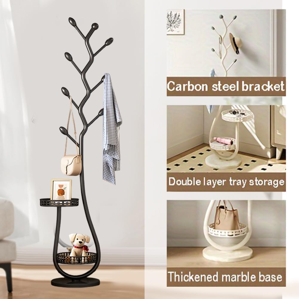 Metal Standing Coat Rack, Small Space Coat Rack Freestanding Hanger Coat Stand with Natural Metal Base & 8 Hooks, Tree-Shaped Coat Rack for Entryway, Hallway, Bedroom, can Hang Clothes, Hats (Black)
