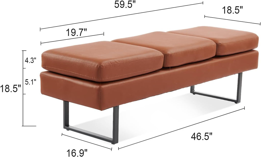 Waiting Room Bench Seating, Salon Reception Chairs 3 Seats Upholstered, 59.5''Heavy Duty Guest Lobby Chairs, Faux Leather Settee, Office Beauty Barbershop Furniture, Cognac