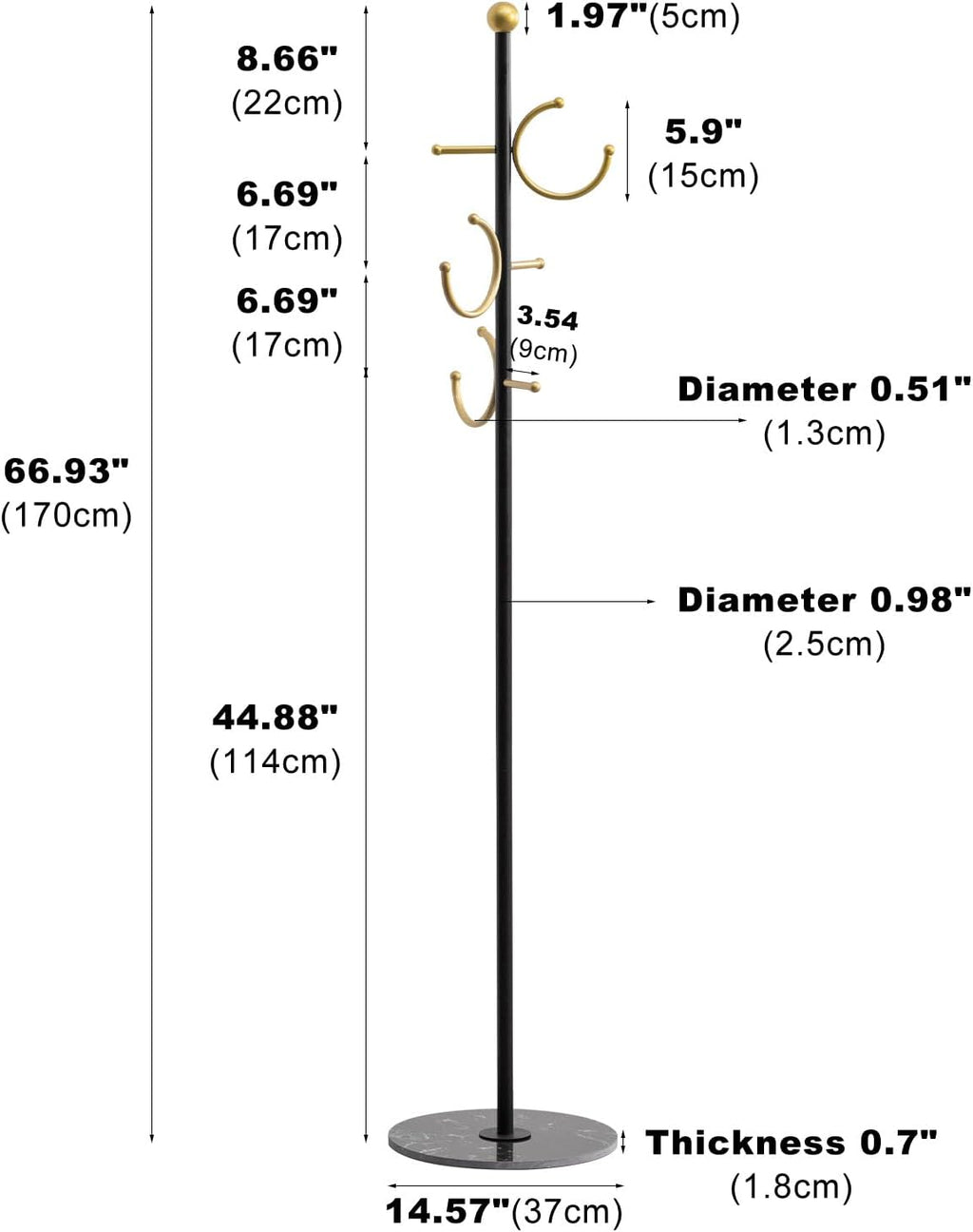 JIAYUEJU Coat Rack Freestanding Corner Coat Tree Hat Rack Stand with Heavy duty Marble Base & 6 Hooks for Entryway, Hallway, Living Room, Bedroom, Hotel, Office 14.57”x 14.57”x 66.93”