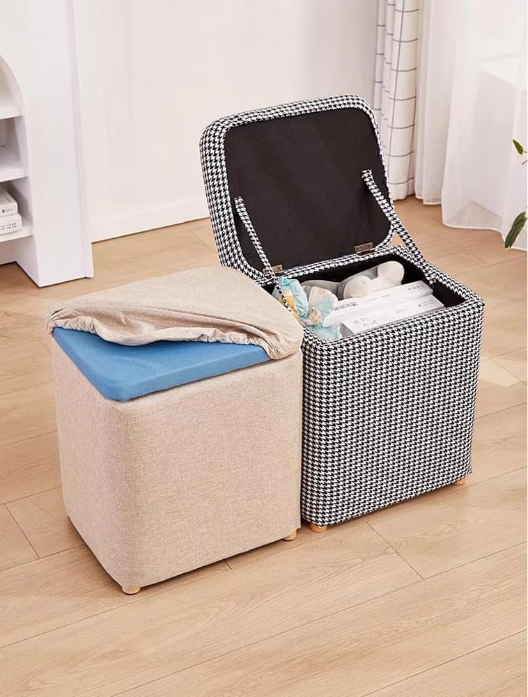 Storage Ottoman with Linen Removable Cover,Square Foot Rest Stool Hinged Lid Upholstered Padded Seat for Living Room Bedroom,Home Decor Ottoman (Black,Large)