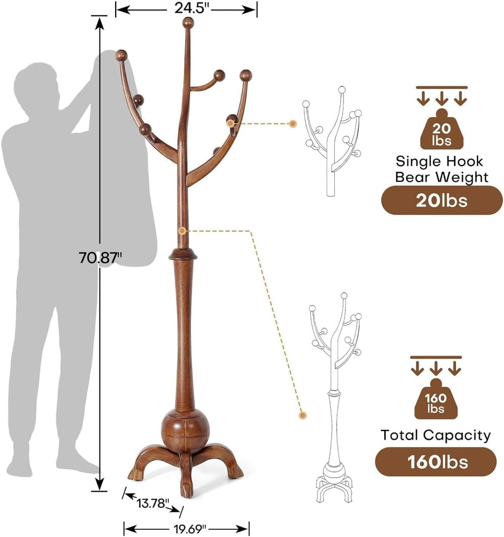 Wooden Coat Rack Freestanding with 8 Hooks, Heavy Duty Coat Hanger Stand with Stable Base, Vintage Coat Tree Standing Coat Racks for Entryway, Hallway, Bedroom (Walnut)
