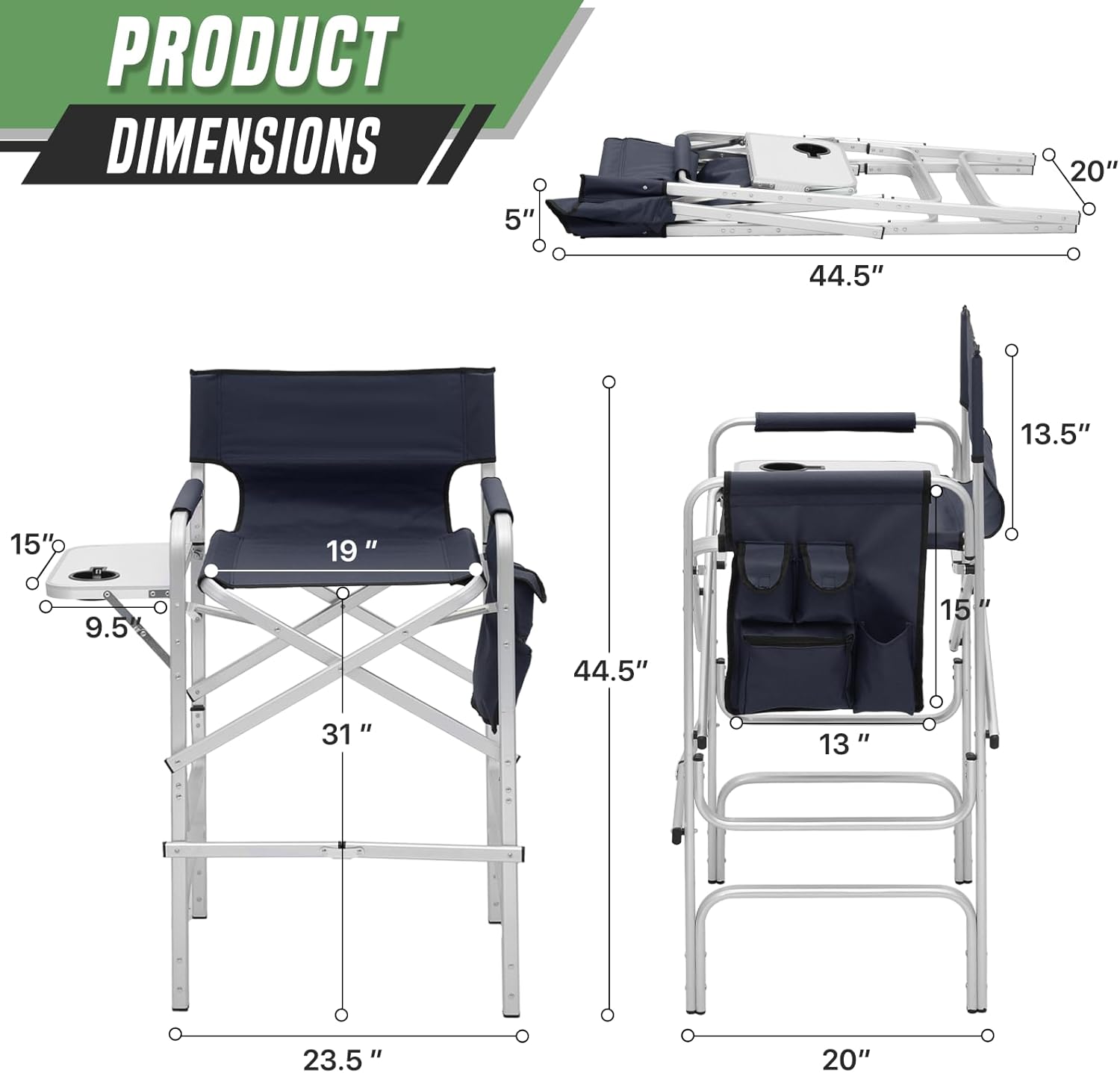 Directors Chair, 31“Tall Foldable Camping Chairs, Folding Aluminum Frame Vanity Chair, Makeup Artist Chair, Portable Camping Chair with Side Table, Cup Holder and Pockets, 250lbs Capacity(Blue)