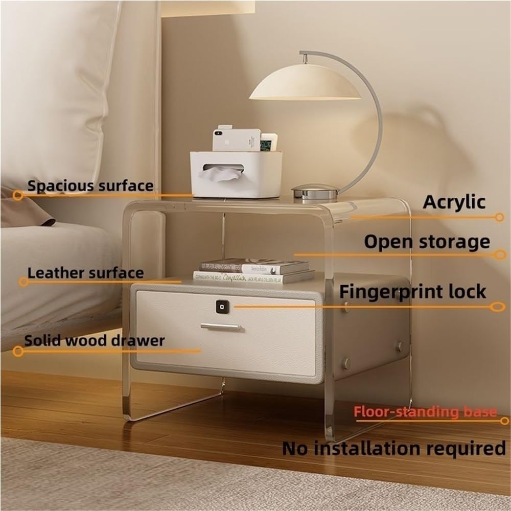 Nightstand with Drawer and Open Storage Acrylic Bedside Tables Side Table with Storage Transparent End Table for Home Decor Lightweight(White)