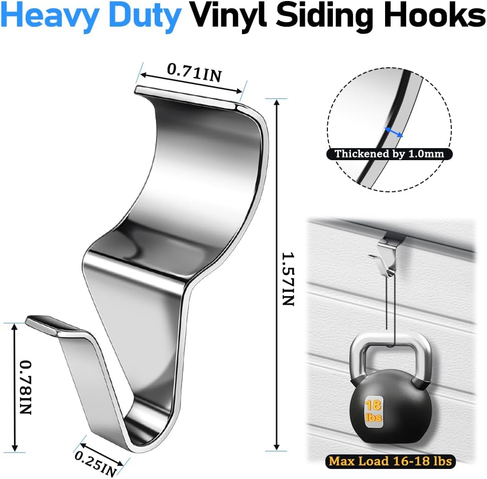 24PCS Vinyl Siding Hook, Thicken Stainless Steel Vinyl Siding Clips Hangers, Heavy-Duty No Drill Vinyl Hook for Outdoor Decor, Hanging on Patio, Christmas Wreath Hangers