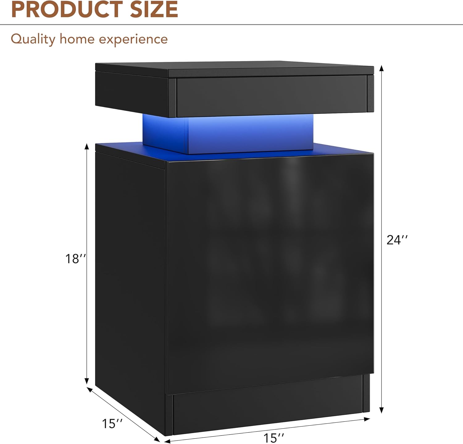 Nightstands Set 2, 15 Inches LED Night Stand Set of 2, Modern Bedside Table with LED Lights, High Gloss Surface, End Table with Storage for Bedroom, Black