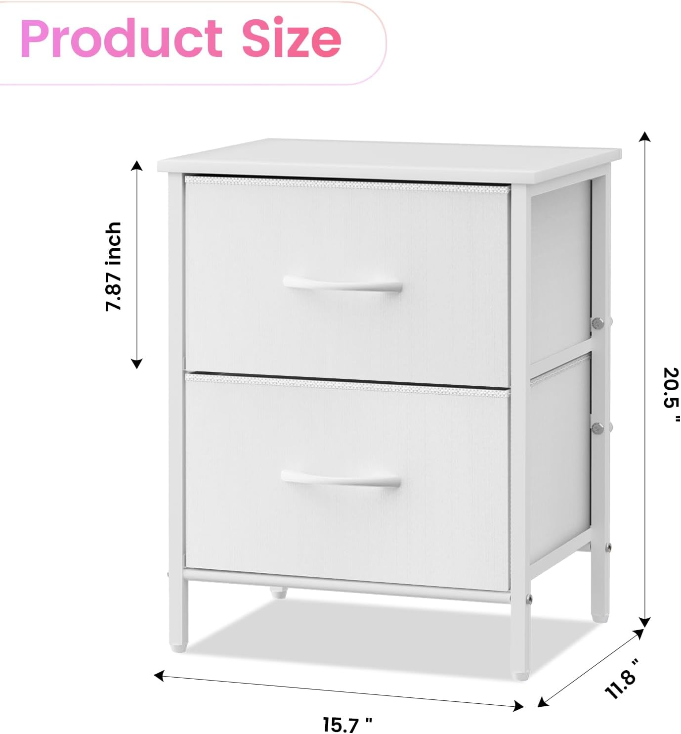 Stero Nightstand Set of 2, Kids Dresser with 2 Drawers, Steel Frame Bedside Furniture, Wood Top Fabric Night Stand, Colorful End Table for Home, Bedroom, Office, White