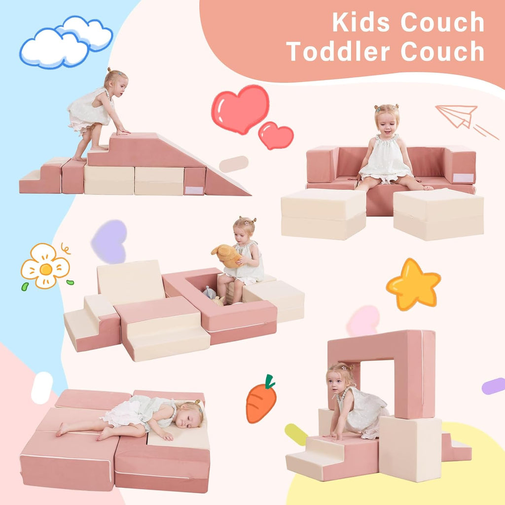 Kids Couch, Modular Toddler Couch for Playroom, Kids Sofa with Ottomans, Foam Play Blocks with Stair and Ramp, Convertible Plush Sofa, Removable Cover