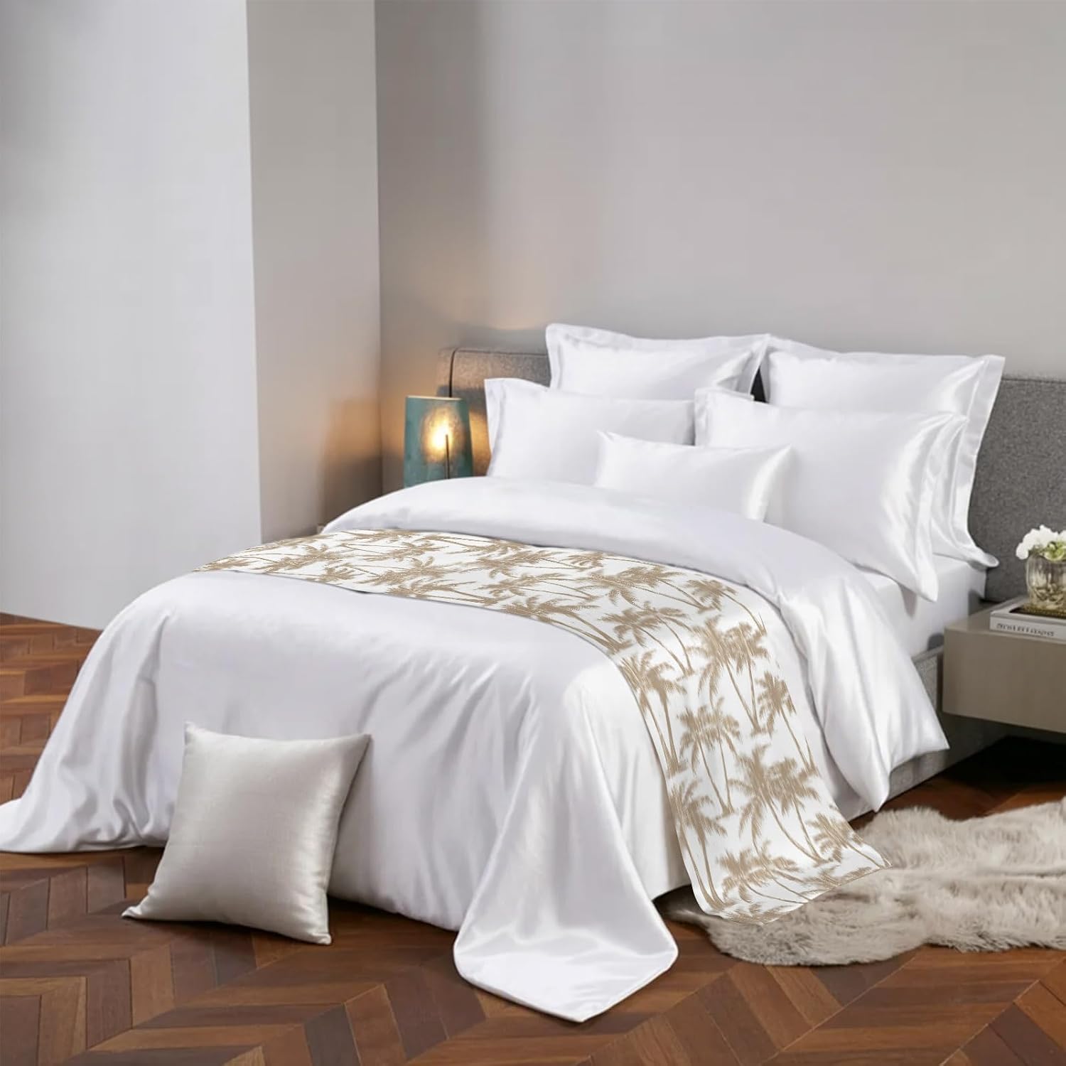 Light Brown Palm Tree Bed Runner Scarf King Size, Summer Tropical Tree Coastal Beach Luxury Bed Throw Runners & Scarves for Twin Full Queen King Foot of Beds, Hotel Decoration, 94"x20"