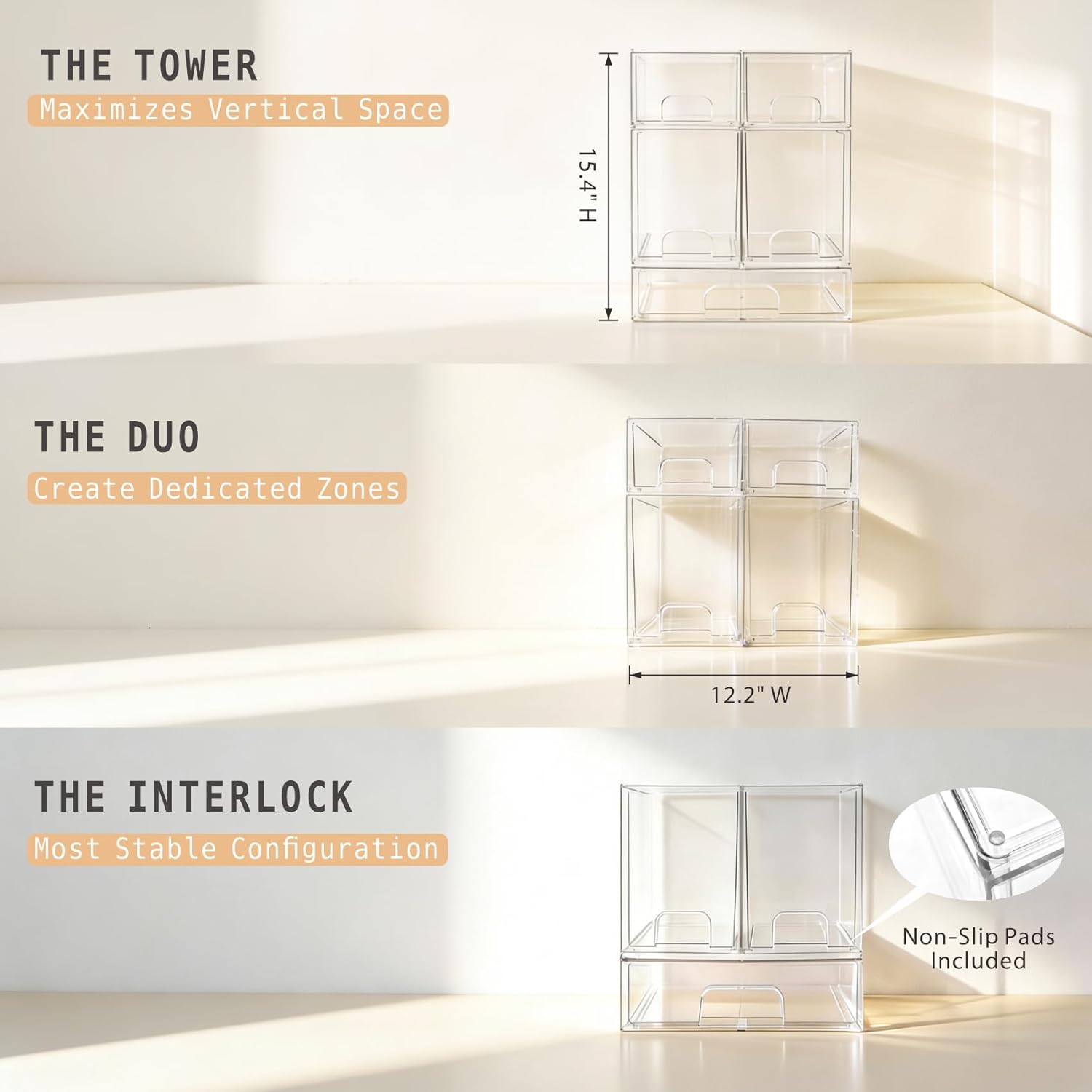 Baby Bottle Organizer, Large Capacity Stackable Acrylic Storage with Non-Slip Pads, for Baby Bottles, Pump Parts, Kitchen Countertop, Pantry, Vanity, 5-Piece