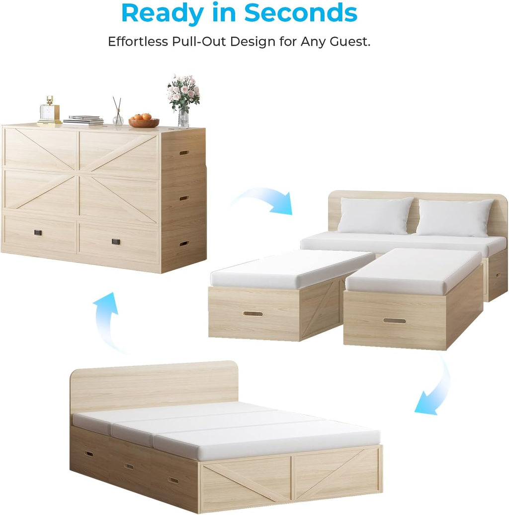 Mjkone Murphy Bed, Cabinet Beds Queen Size with Mattress Included, 3-in-1 Convertible Sofa Furniture Sets, Hidden Chest Bed with Storage Drawers, Guest Sleeper Beds for Small Room, Apartment - Wood