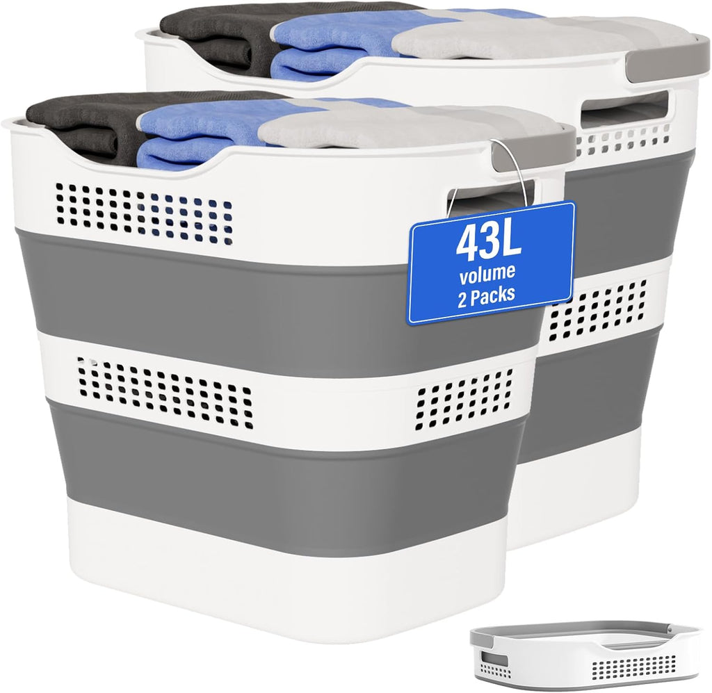 OOAMBB 43L+43L Collapsible Laundry Baskets plastic, Pop Up Laundry hamper/Storage Container, Foldable Laundry Basket with Handles, Durable,Space Saver (Grey, 2 Packs)