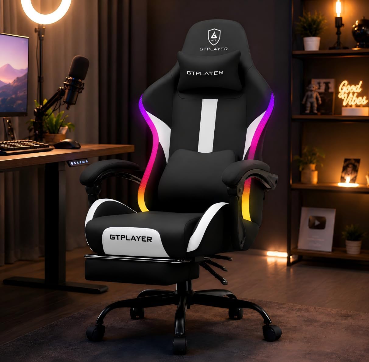 GTPLAYER Fabric Gaming Chair with Footrest, LED Lights, Comfy Chair | Ergonomic Computer Chair, Linkage Armrest, Breathable Fabric for Home Office Desk, Video Game Chairs for Adults