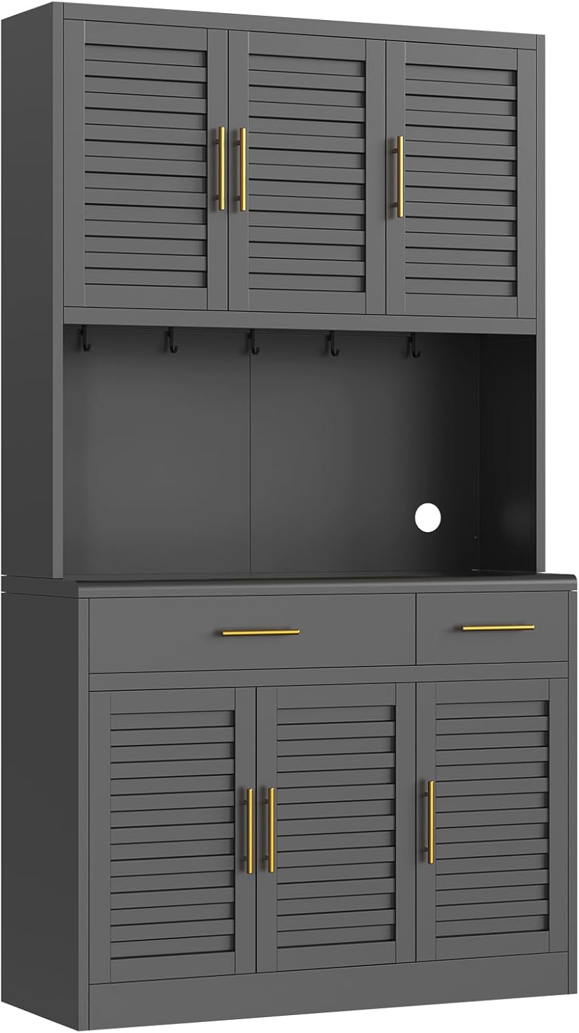 71" Tall Kitchen Pantry Cabinet with 6 Adjustable Shelves, Large Capacity Kitchen Hutch Storage Cabinet with Microwave Stand, 2 Storage Drawers for Dining Room, Kitchen
