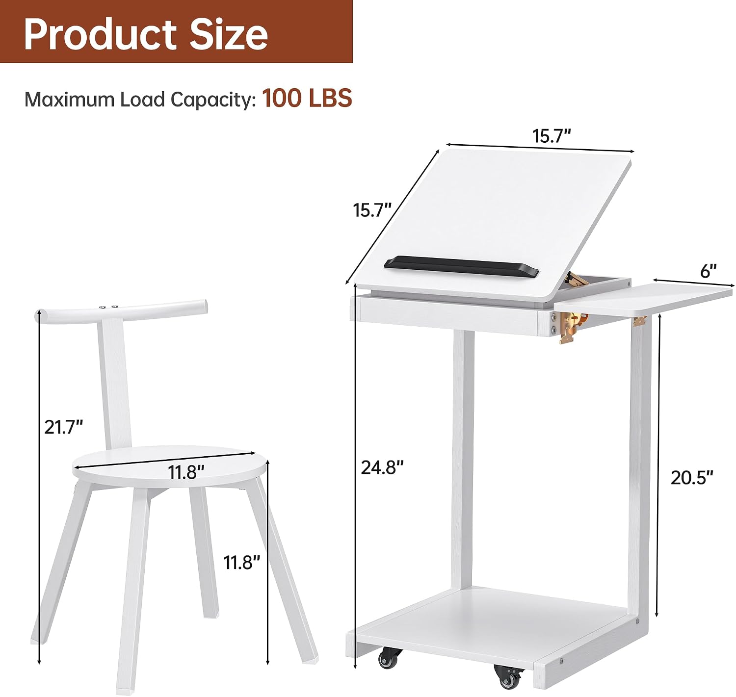 OtterOasis C Shaped End Table, Rolling Side Table with 4-Way Convertible Desktop, Wooden C Table with Multi-Functional Folding Tray & Small Chair, Side Table for Couch, Living Room, Bedroom, White