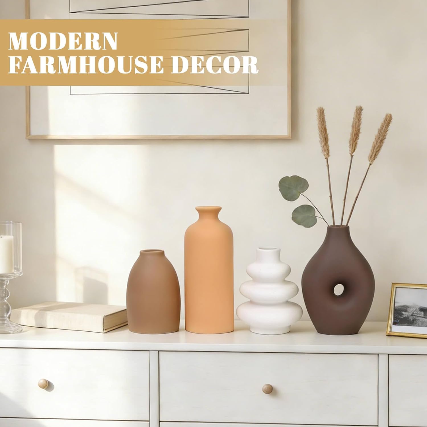 Ceramic Flower Vase Set Modern Farmhouse Decor Vases for Home Table Centerpiece - Rustic Flower Vases for Living Room Kitchen Shelf Mantle Fireplace Bedroom Office Bathroom Dining Coffee Table Decor
