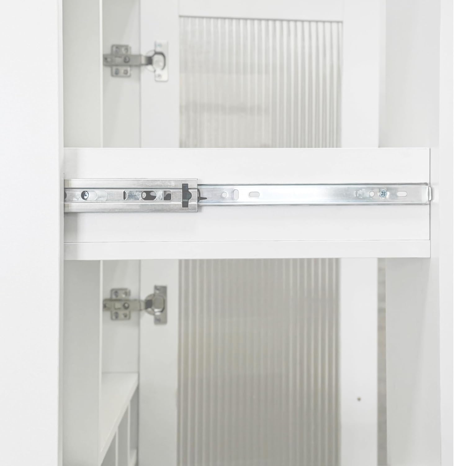 Kitchen Pantry Cabinet with Pull-Out Multi-Tier Storage Shelf, Farmhouse Storage Cabinet with Glass Doors, Tall Pantry Organizer for Kitchen, Dining Room & Living Room White