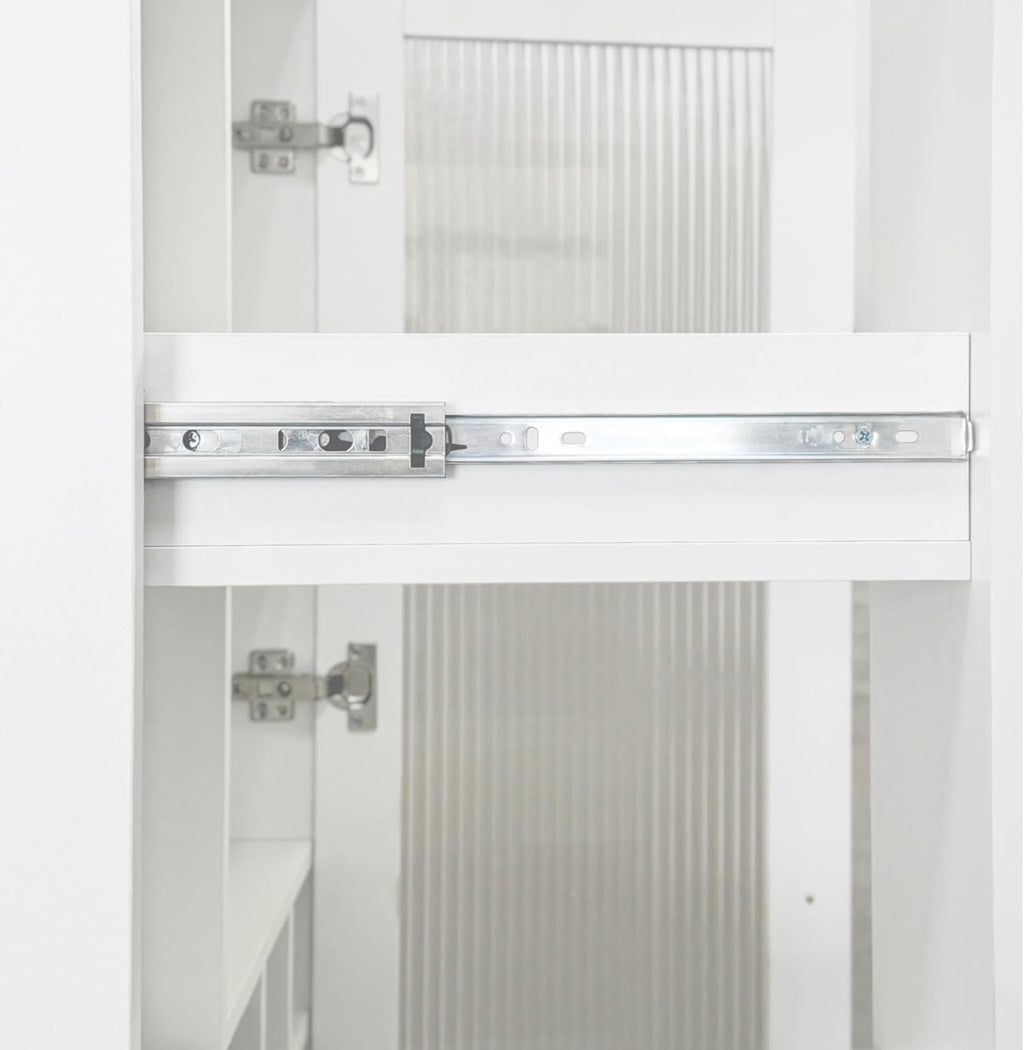 White Farmhouse Pantry Cabinet with Pull Out Shelf & Glass Door, Multifunctional Kitchen Storage Organizer, Bar & Dining Room Cupboard