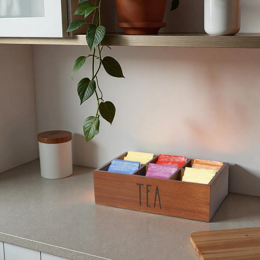 LBEMEY Tea Bag Organizer,Acacia Wood Tea Storage Containers with 6 Compartments, Sugar Packet Holder,Tea Bag Caddy Box for Cabinet Countertop Office (Brown- Labeled "TEA")
