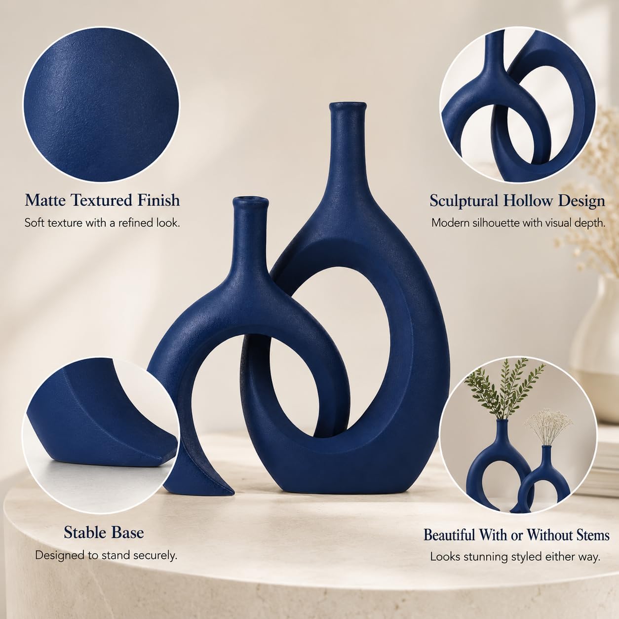 Navy Blue Unique Hollow Bud Vases Set of 2,Modern Snuggle and Huging Style Ceramic Vase for Pampas Grass,Living Room Decorations for Fireplace,Coffee Table Centerpiece,Mantle,Bookshelf Decor