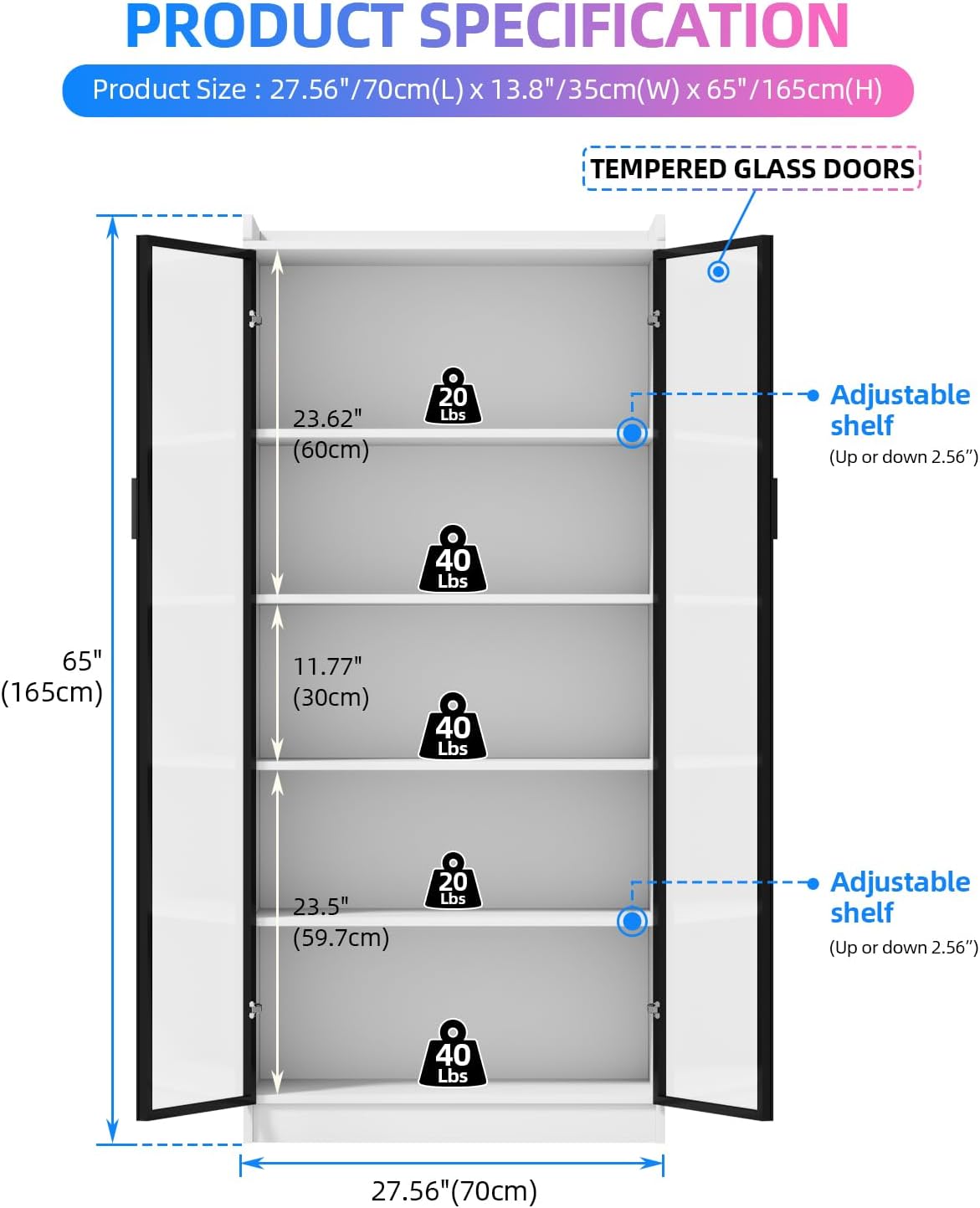 Dystler 65" Display Cabinet with Glass Doors, 5-Tier Curio Cabinet with Motion Sensor RGB Lights, Modern Display Case with Adjustable Shelves for Collectibles, Figures, Books, White
