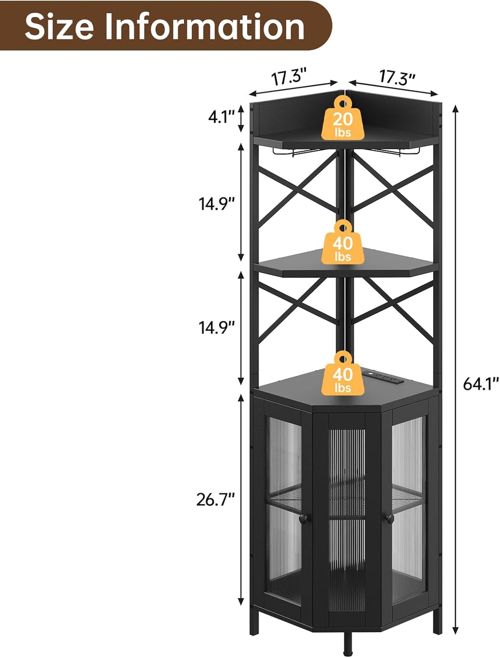 Airynee Corner Bar Cabinet with Power Outlet, 5-Tier Corner Wine Cabinet with Led Strip and Glass Holder, Industrial Tall Liquor Cabinet Bar Wine Rack for Home，Black