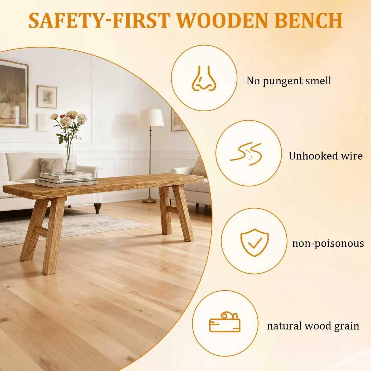 Solid Wood Entryway Bench - Rustic Elm Farmhouse Dining Bench for Hallway, Bedroom, Kitchen - 2-Person Seating, Natural Wood Finish