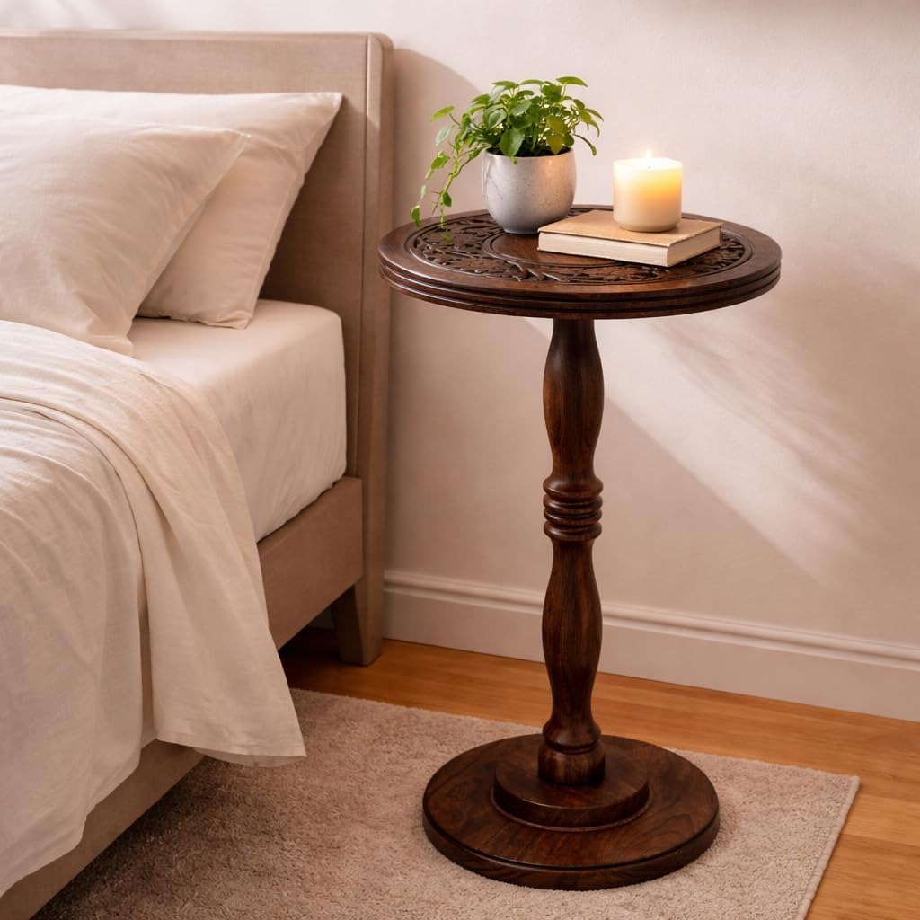 Mango Wooden Accent Table 12x22 Round Handcrafted Carved Side Table,Natural Burnt Finish Nightstand,Rustic Wooden End Table, Solid Wood Bedside Table for Bedroom & Living Room Home Decor