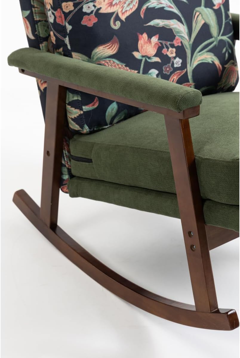 Rocking Chair for Nursery, Mid Century Modern Accent Chair with Comfort Backrest and Cushion, Cozy Reading Chair with Solid Rubberwood Frame for Living Room, Bedroom and Sunroom