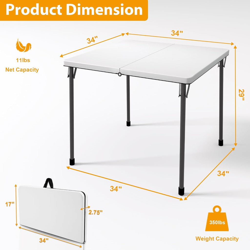 Kasunpul 34" Folding Table, Portable Square Folding Card Table with Collapsible Legs & Carrying Handle, Plastic Tables for Camping,Picnic, Office, Party, White