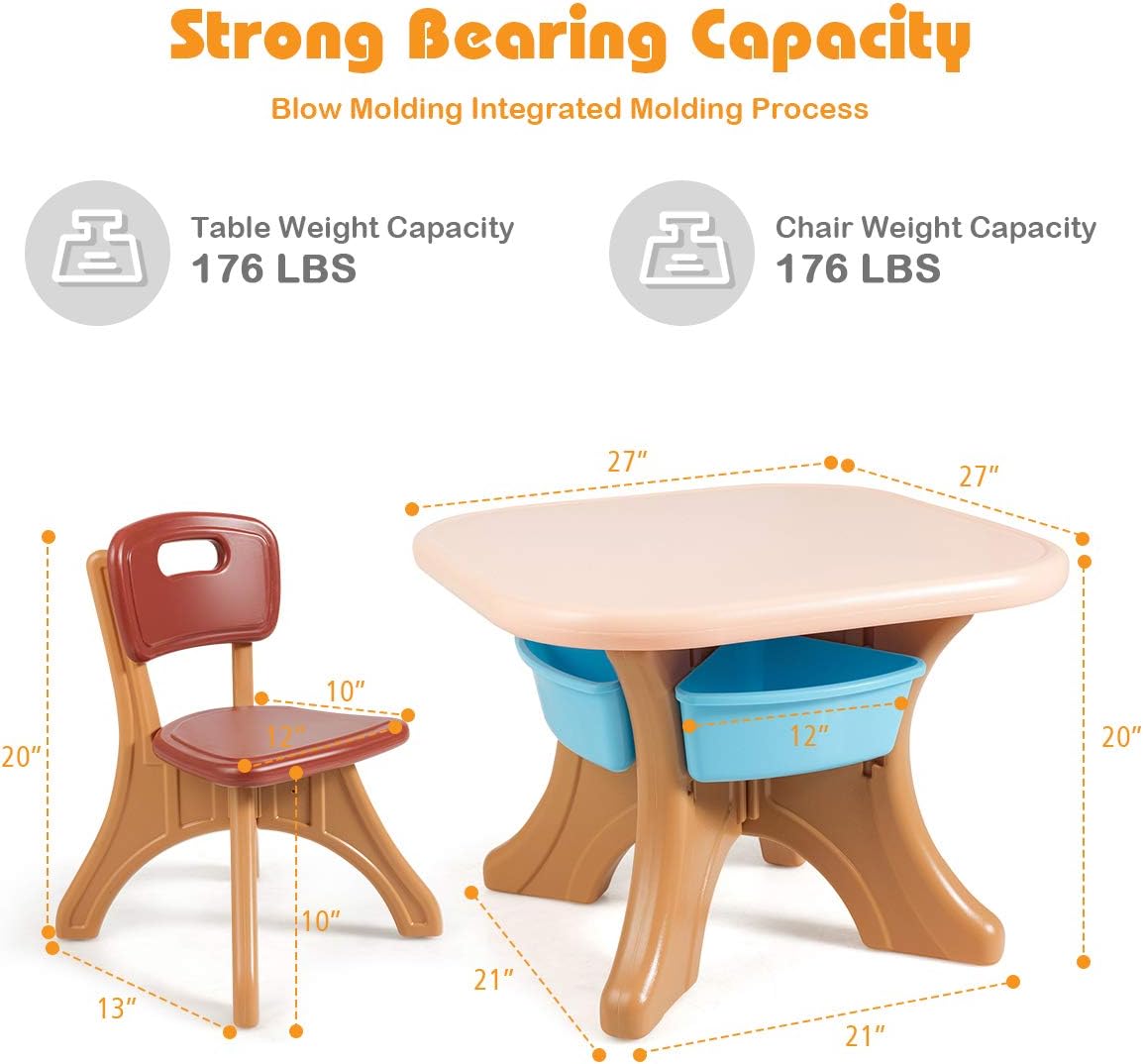 Costzon Kids Table and Chairs, 3 PCS Activity Desk Set w/ 4 Detachable Storage Bins for Indoor Outdoor Play Art Crafts Picnic Patio, Lightweight Toddler Table and Chair Set (Coffee & Blue)