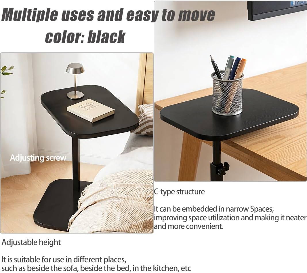 Pedestal Adjustable c Table for Small Spaces，C Shaped End Table Desktop can Turn 360° and the Height of the Sofa Small TV Tray Table Can be Adjusted for Couch
