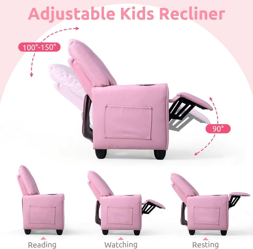 INFANS Kids Recliner, Toddler Lounge Chair with Adjustable Backrest Footrest Cup Holder Side Pockets, PU Leather Toddler Couch