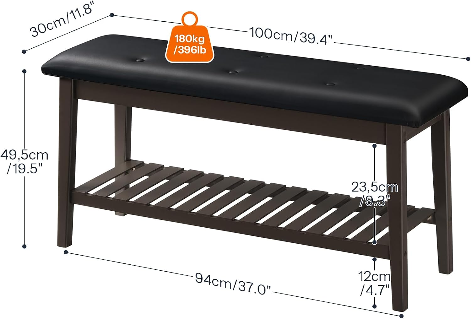 HOOBRO Dining Bench, Bamboo Dining Room Bench, 2-Tier Entryway Bench with PU Leather Upholstered Seat, Kitchen Bench for Living Room, Hallway, Entryway, Bedroom, Kitchen, Brown and Black CB70HX01