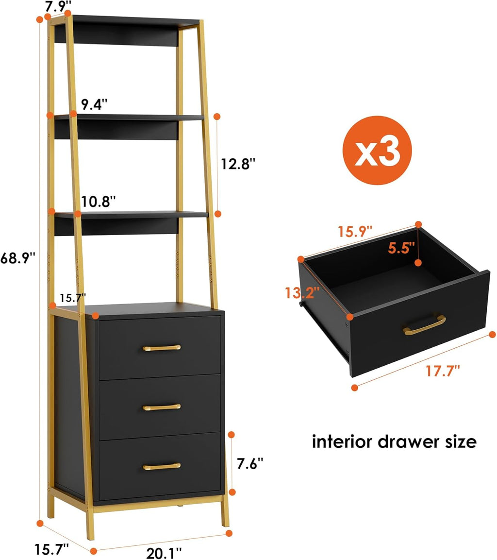HITHOS Black Gold 4-Tier Bookshelf, Tall Bookcase with 3 Wooden Drawers, Modern Ladder Book Shlef Storage Organizer for Living Room, Entryway, Office
