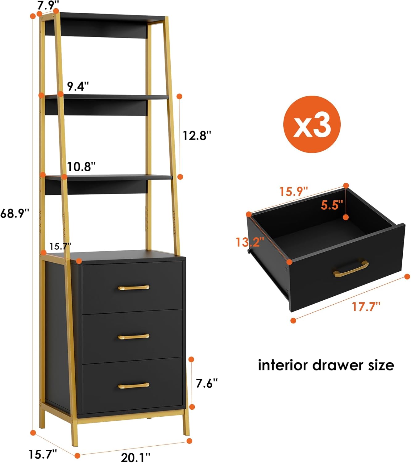 HITHOS Black Gold 4-Tier Bookshelf, Tall Bookcase with 3 Wooden Drawers, Modern Ladder Book Shlef Storage Organizer for Living Room, Entryway, Office