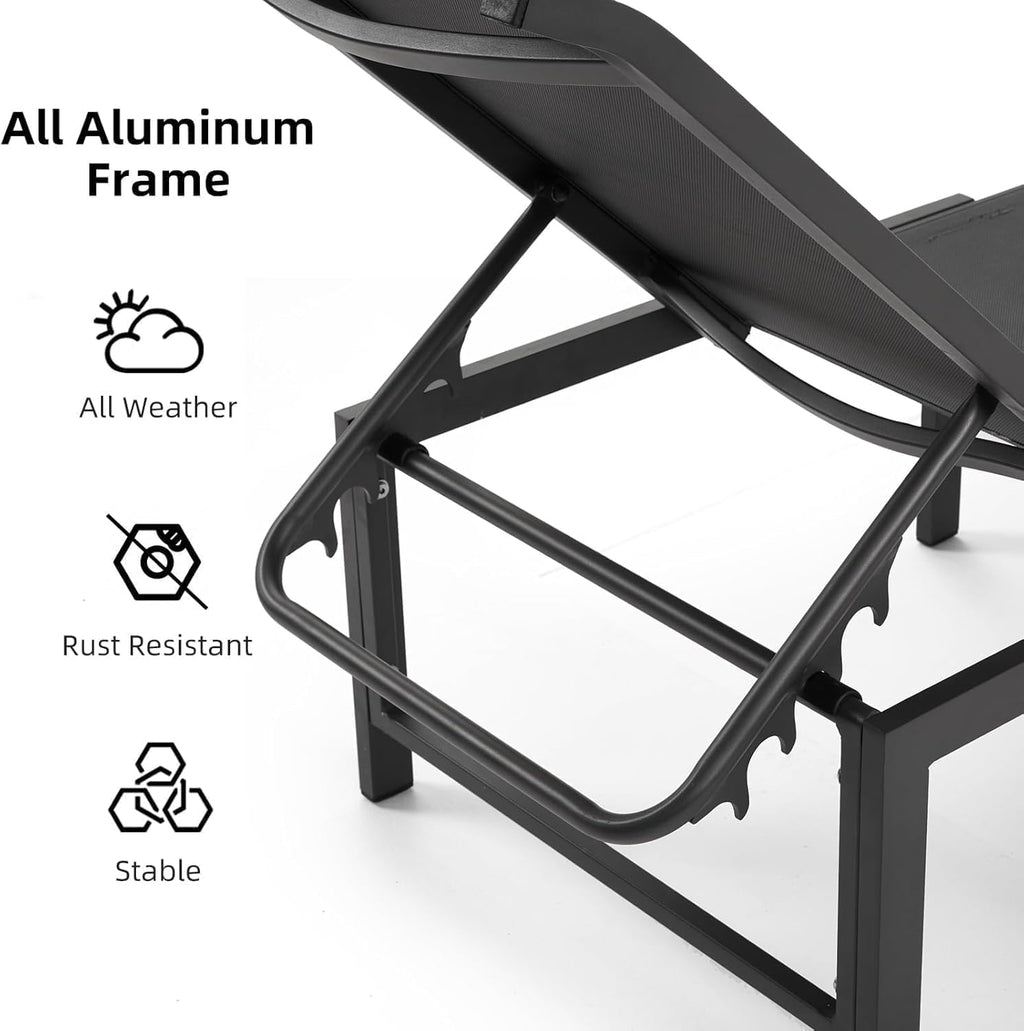 Aluminum Chaise Lounge Chair Outdoor Set of 2, Foldable & Assembly Free Outdoor Lounge Chairs with 5-Position Recliner, Pool Lounge Chairs for Outside Poolside Beach Lawn (Dark Grey)
