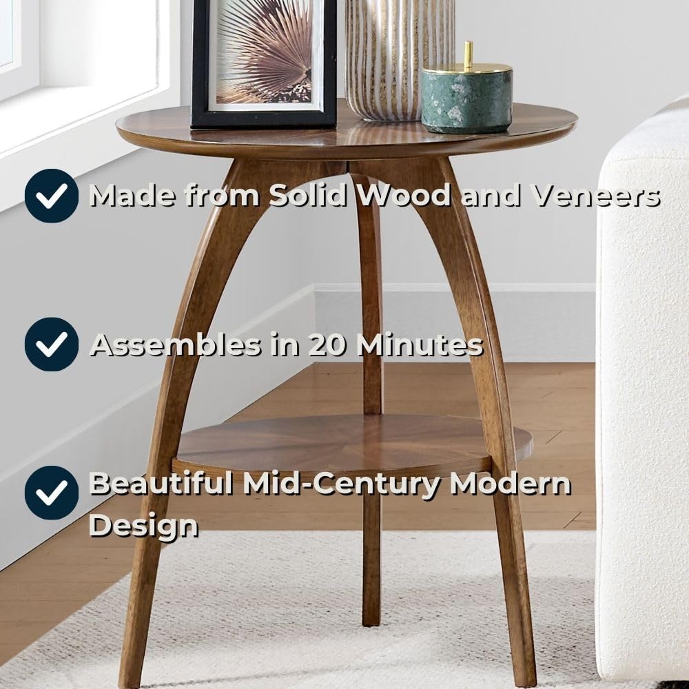Martin Svensson Home LAX Retro Mid-Century Modern Round Wood End Table, Solid Grain Side Table with Lower Shelf, Small Accent Table for Living Room or Nightstand. Walnut Brown.