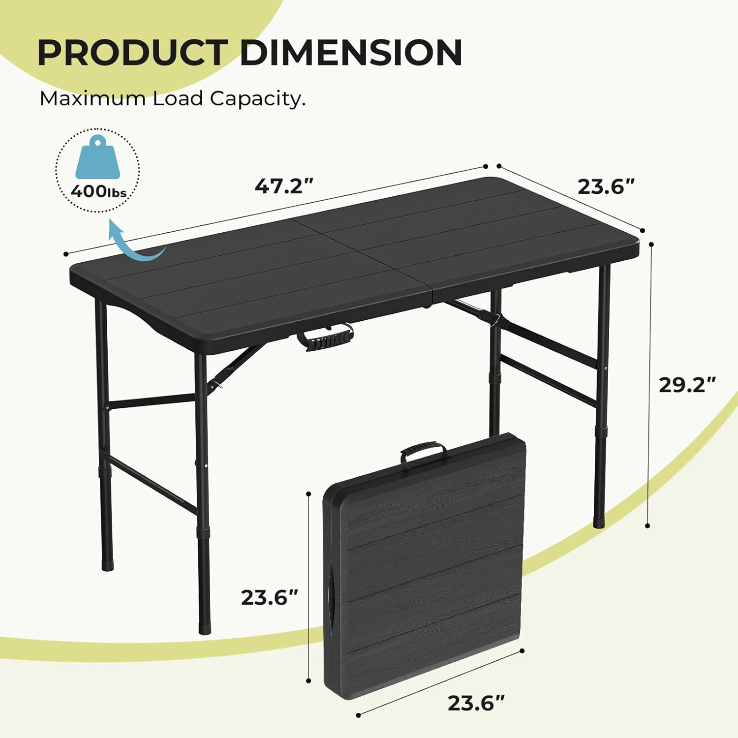 4Ft Folding Table Portable Folding Tables Heavy Duty 400 lbs Capacity, Wood Grain Tabletop for Working Meeting Parties, Picnic, Camping, Weddings, Garden Dining-Black (4FT)