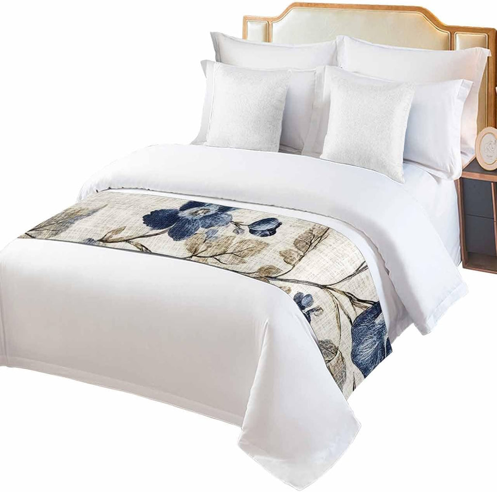 Bed Runner for King Size Bed, Blue Gray Spring Floral Decorative Bed Scarf Throws for Foot of Bed, Vintage Botanical Luxury Bedding Slipcover Bed Runners for Hotel/Home, 94 x 20 Inch