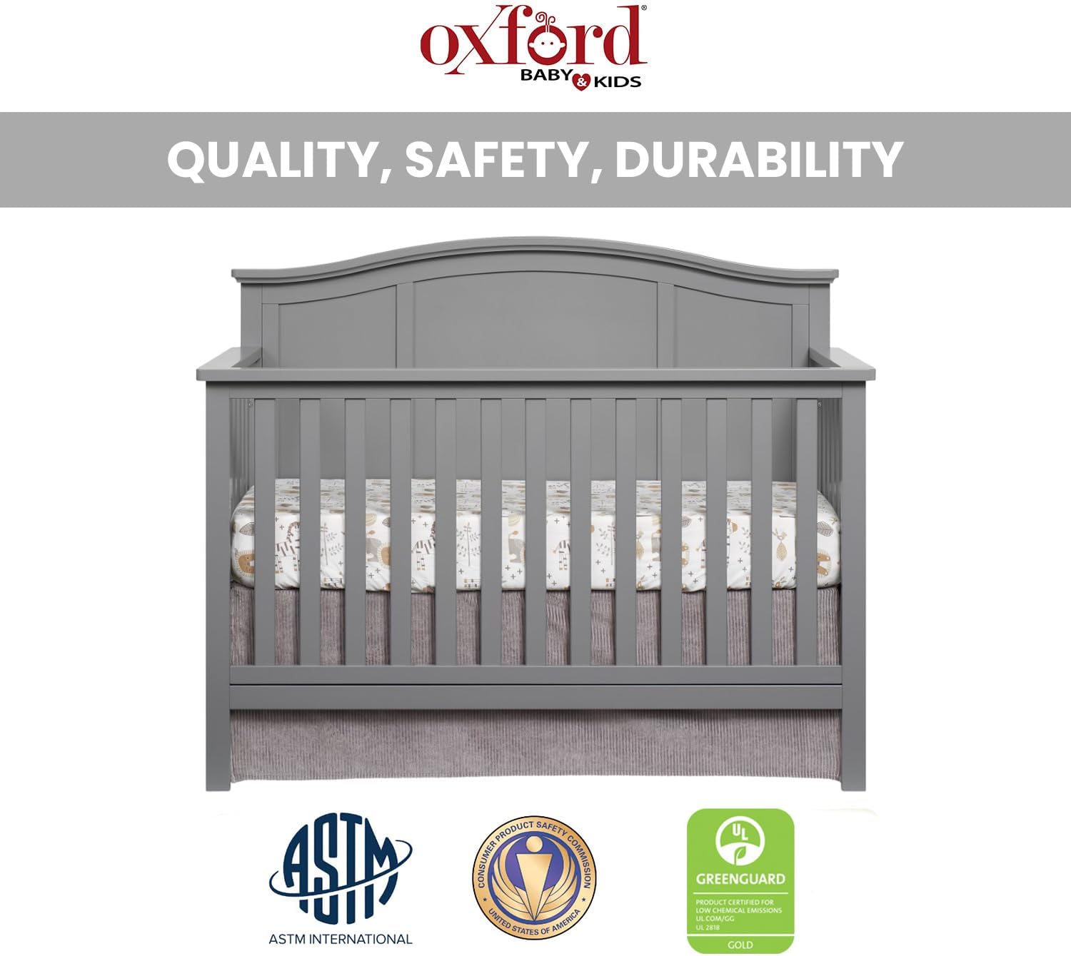 Oxford Baby Emerson 4-in-1 Convertible Baby Crib, Dove Gray, GreenGuard Gold Certified