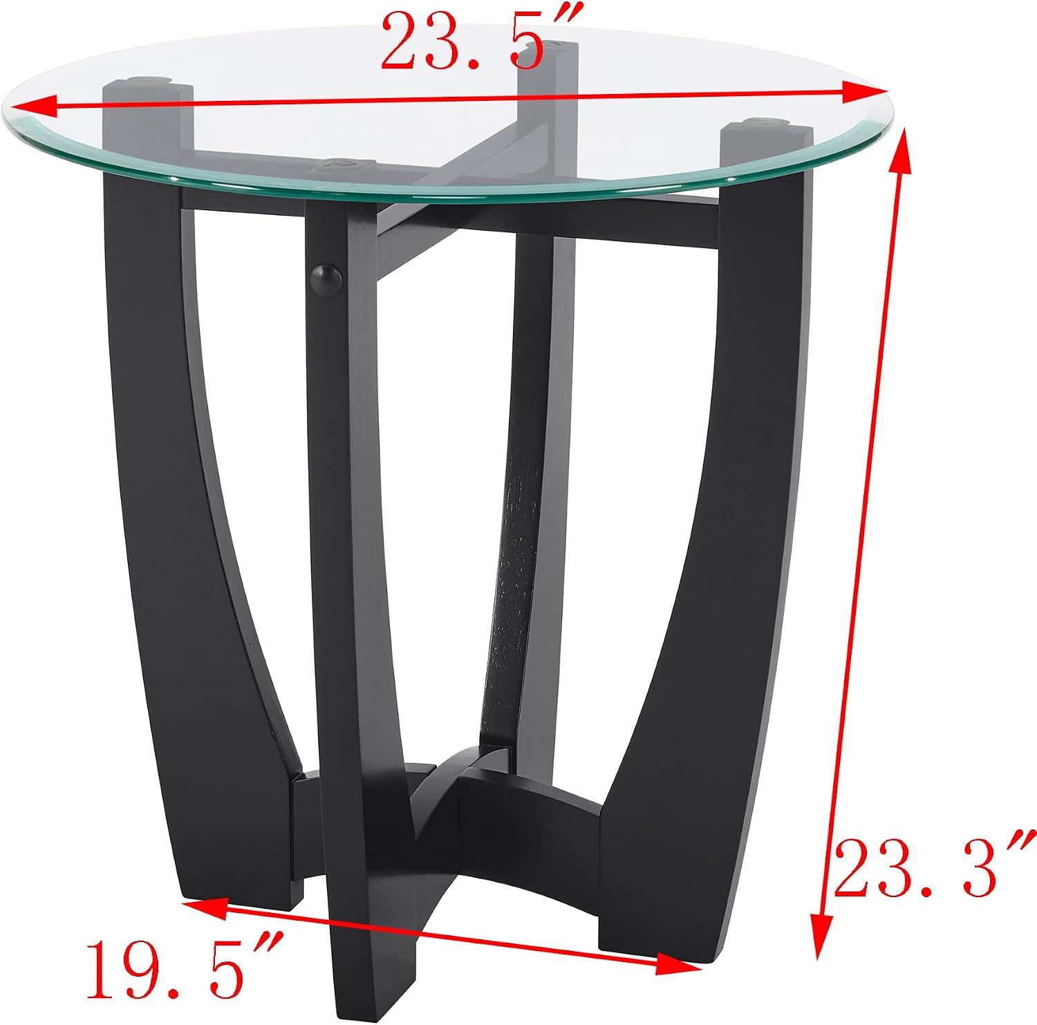 Round End Table with Clear Tempered Glass Top, Black Wood Base, 23.5 Inch, Contemporary Side Table for Living Room