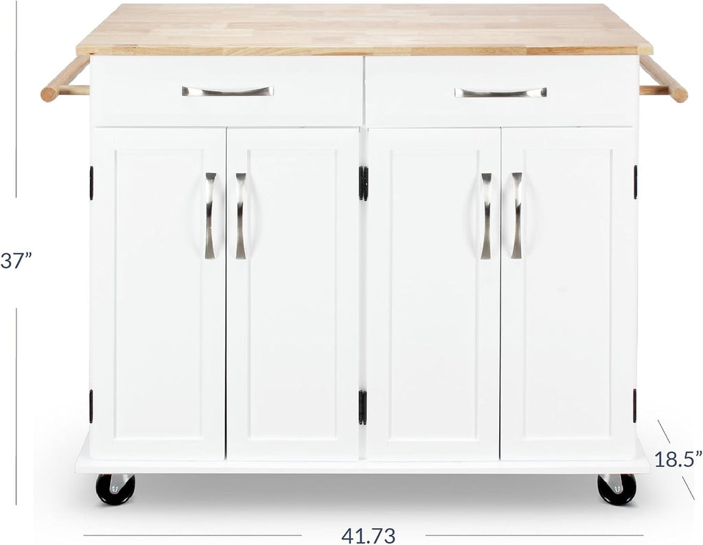 BELLEZE Rolling Kitchen Island Cart on Wheels with Storage Cabinet, Mobile Kitchen Cart Island Table with 2 Drawers Towel Racks Rubber Wood Top Coffee Bar for Dinning Room, 41.7”Lx18.5”Wx37”H, White