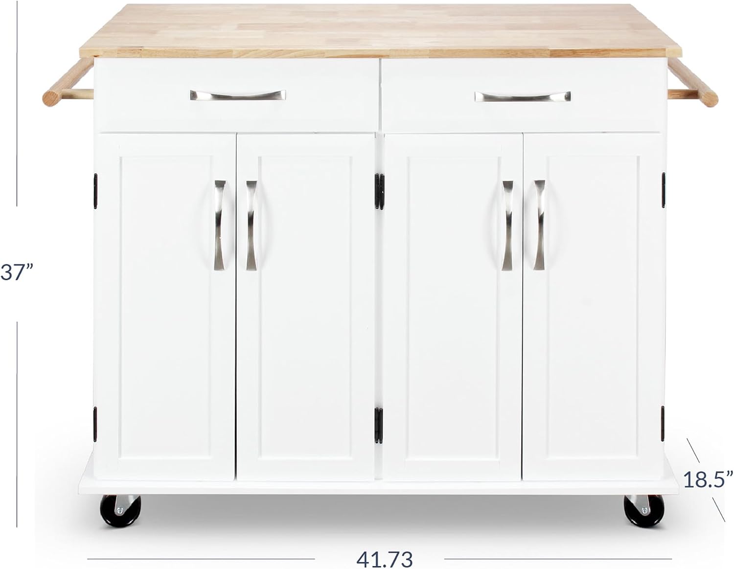 BELLEZE Rolling Kitchen Island Cart on Wheels with Storage Cabinet, Mobile Kitchen Cart Island Table with 2 Drawers Towel Racks Rubber Wood Top Coffee Bar for Dinning Room, 41.7”Lx18.5”Wx37”H, White