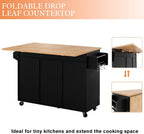 HLR Kitchen Island On Wheels, Black Rolling Kitchen Island Cart with Drop Leaf Countertop, Barn Door Kitchen Islands Table with Storage Cabinet and Tower Rack, Island Table for Kitchen