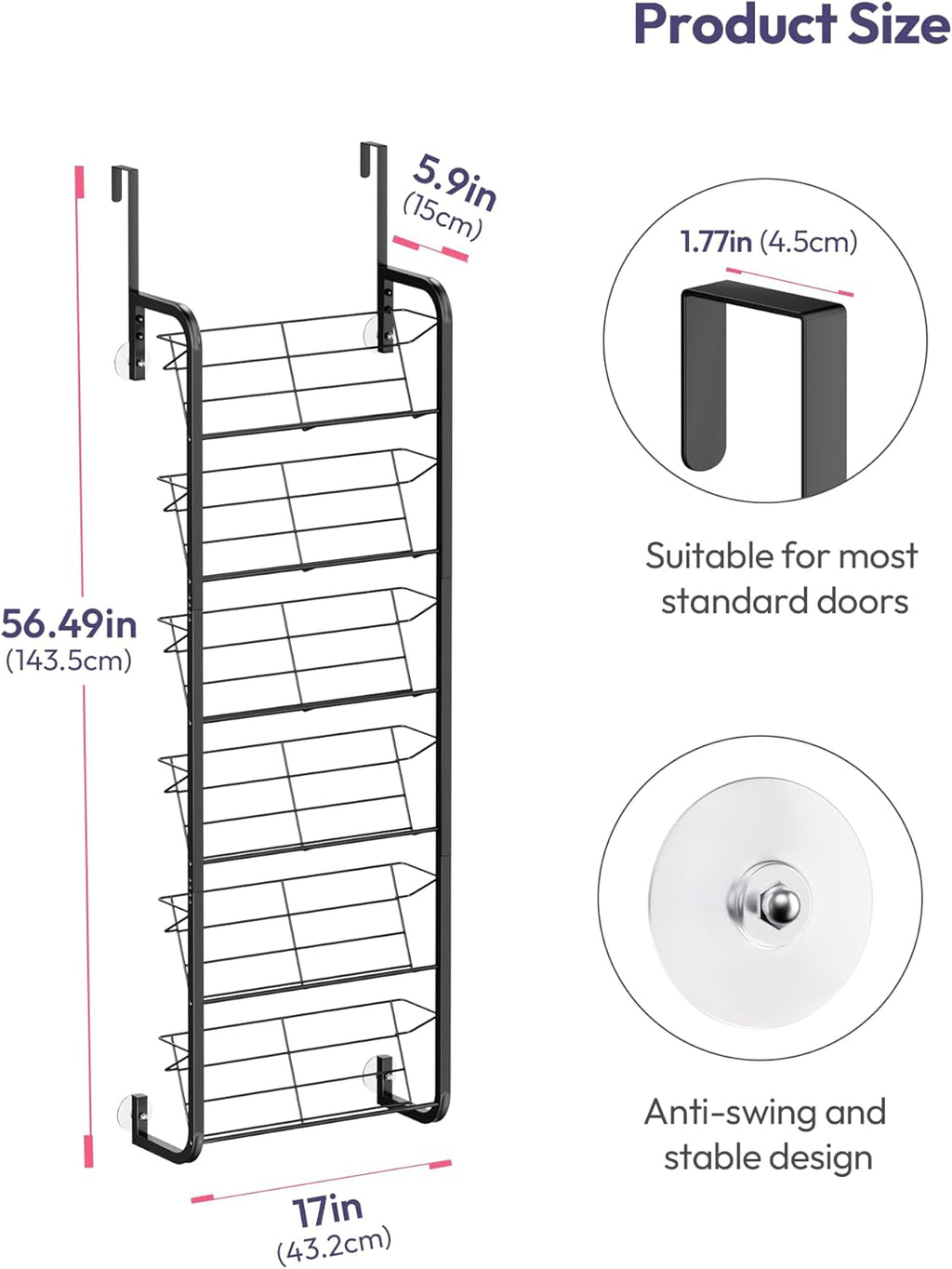 SWTYMIKI Over the Door Shoe Organizer - 6 Tier Hanging Shoe Rack for Door Storage - Heavy Duty Metal Behind Door or Wall Mount Shoes Shelf for Closet, Flats, Heels, Sneakers, Boots Black