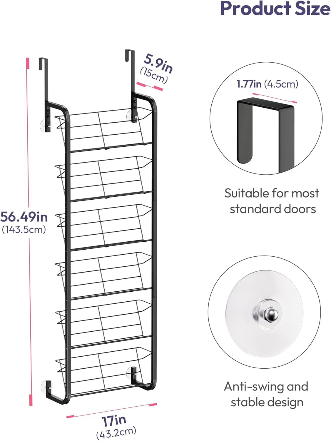 SWTYMIKI Over the Door Shoe Organizer - 6 Tier Hanging Shoe Rack for Door Storage - Heavy Duty Metal Behind Door or Wall Mount Shoes Shelf for Closet, Flats, Heels, Sneakers, Boots Black