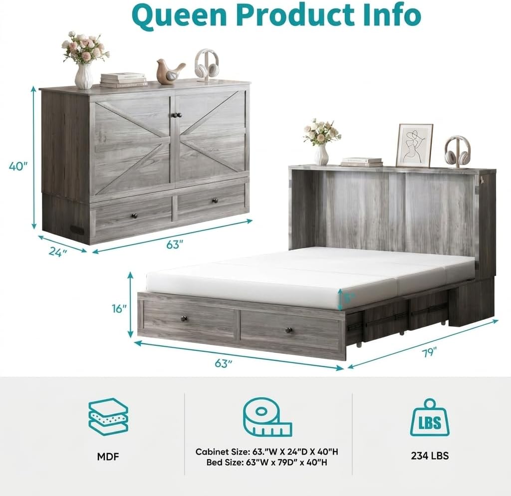 BALUS Full Murphy Bed with Mattress, Cabinet Murphy Bed with Mattress & USB Charging Station & Large Storage Drawers, Wooden Full Cabinets Beds, Murphy Chest Bed for Apartment/Bedroom,Dark Grey