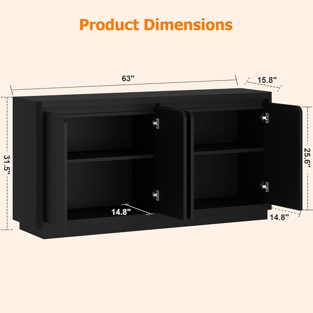 knoworld 63" Buffet Cabinet with Storage & Power Outlet, Wood Sideboard Credenza with Double-Arc Doors, Modern Coffee Bar Console Table for Kitchen Dining Room, Black
