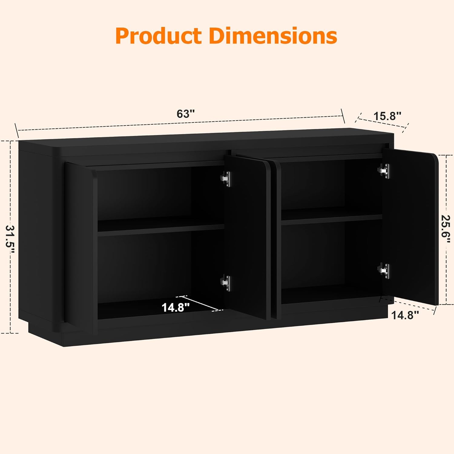 knoworld 63" Buffet Cabinet with Storage & Power Outlet, Wood Sideboard Credenza with Double-Arc Doors, Modern Coffee Bar Console Table for Kitchen Dining Room, Black